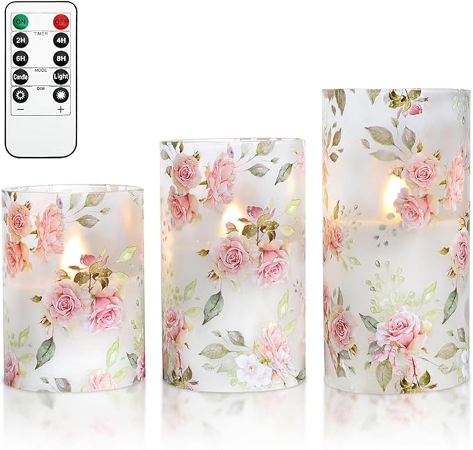 Rose Flameless Candles with Remote Real Wax Blinks Glass Battery Operated Candles - Home Party Wedding Thanksgiving Christmas Summer Decor - Set of 3