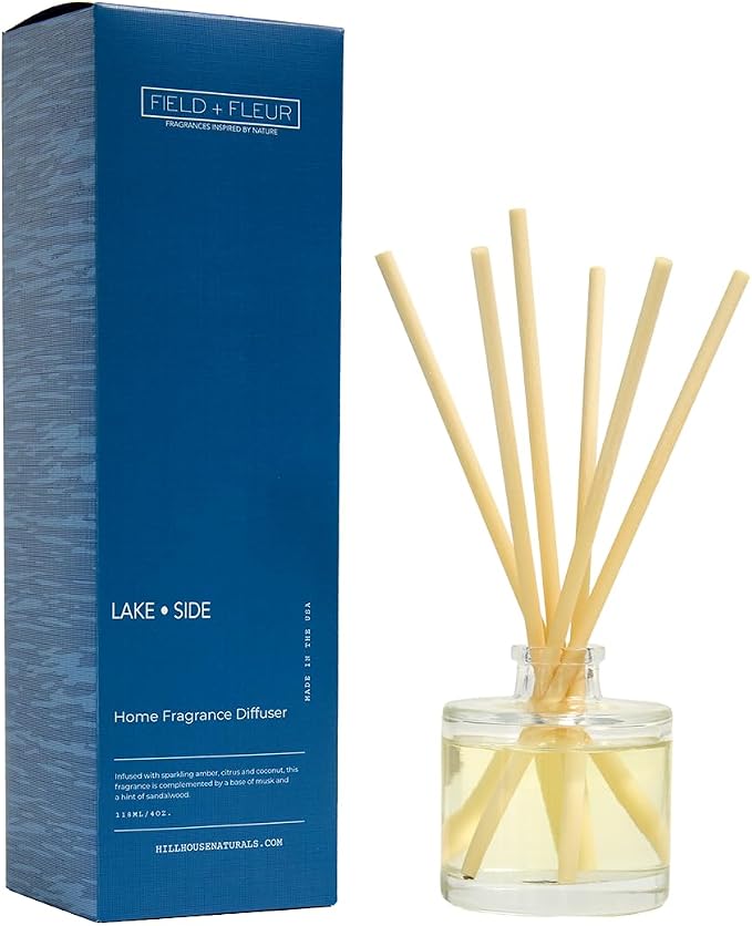 Field + Fleur - Reed Diffuser Set - Home Fragrance Diffuser - Refresh Home, Bedrooms, Bathrooms & More - Notes of Amber, Citrus, Coconut & Sandalwood - Made in the USA - Lake Side Scent - 4 oz