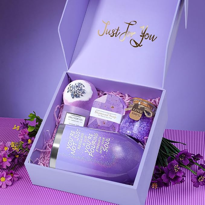 Gifts for Women - Christmas,Valentines Day,Birthday,Thanksgiving Day,Mothers Day Gifts - Unique Lavender Spa Basket Set Gift for Mom,Wife,Aunt,Daughter,Sister,Girlfriend,Her