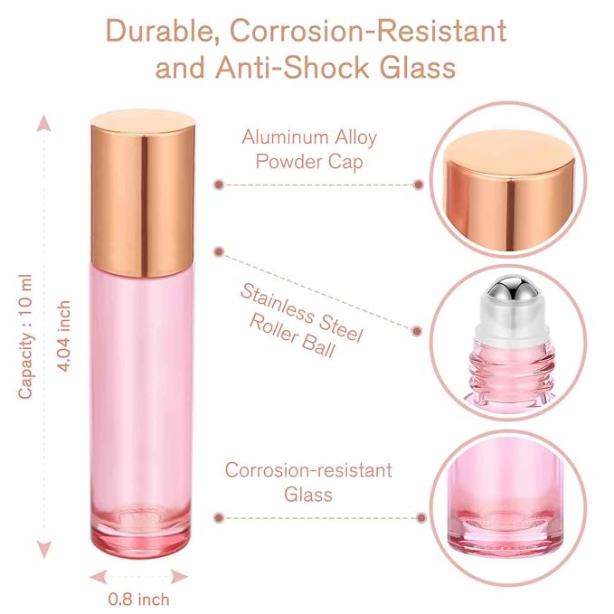 PrettyCare 60 Pack, 10 ml Essential Oil Roller Bottles with Stainless Steel Roller Ball - Bulk Refillable Leak-proof Empty Thick Pink Glass Roll on Bottles with Metal Caps for Travel, Perfume