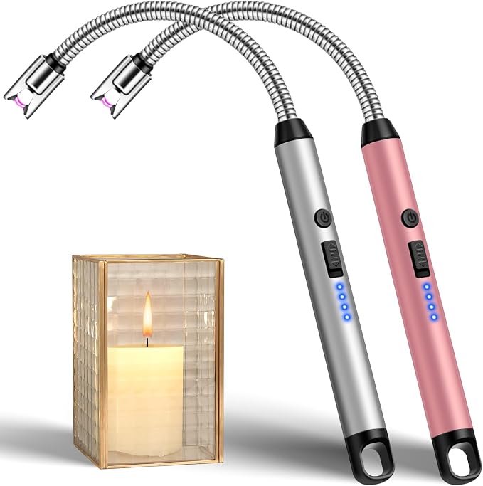 Upgraded 2 Pack Electric Candle Lighter with 360° Flexible Neck & Safety Lock, Windproof USB Rechargeable Flameless Arc Long Lighters for Grill, BBQ, Camping, Fireplace, Stove (Rose Gold & Silver)