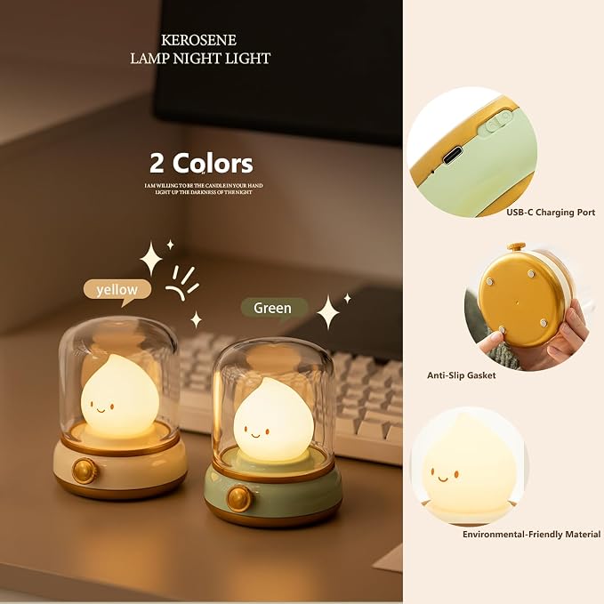 Flameless Kerosene-Style Night Light – Dimmable USB-Rechargeable LED Candle Light with Flicker & Steady Modes, Silicone Flame, Cozy Bedroom, Kids, Travel Lamp (Green)