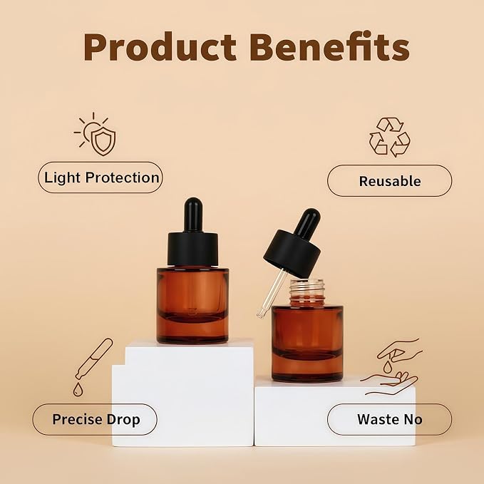 Happyupcity 2Pcs 30ml/1 oz Glass Dropper Bottles with Black Eye Droppers Lid Empty Refillable Essential Oil Bottles Travel Perfume Sample Vials Essence Liquid Cosmetic Containers