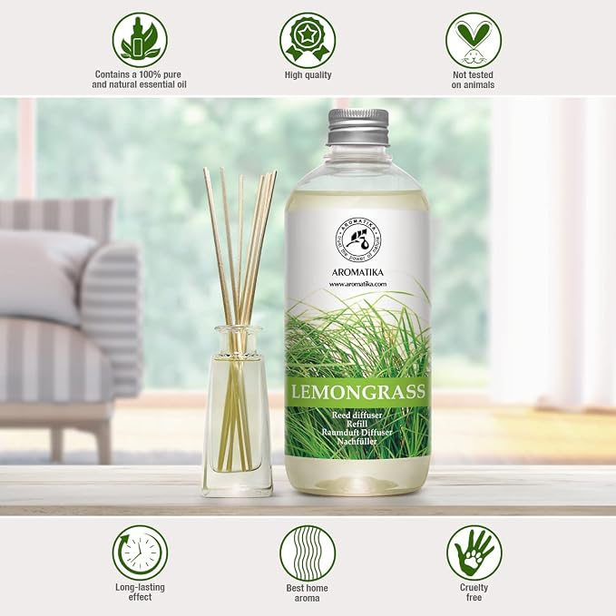 Reed Diffuser Refill Lemongrass 51 Fl Oz - Room Diffuser w/Essential Lemongrass Oil - Set 3x17Fl Oz - Home Fragrance - Aromatherapy Air Freshener Essential Lemongrass Oil Diffuser