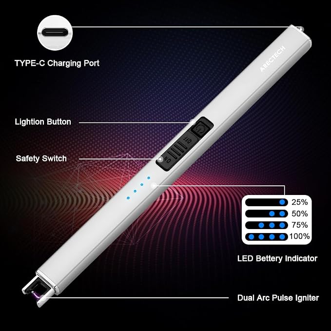 ARECTECH Electric Candle Lighter with Type-C Cable Birthday Gift for Man Women Wife Rechargeable Plasma Arc Lighters for Candle Camping Kitchen Stove Silver 2 Pack