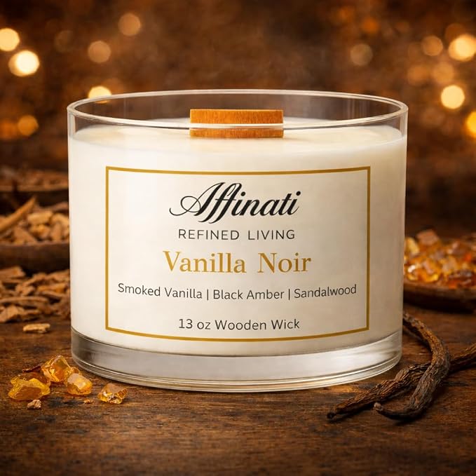 Affinati Vanilla Noir Wooden Wick Candle – Luxury Wooden Bowl, 13 oz