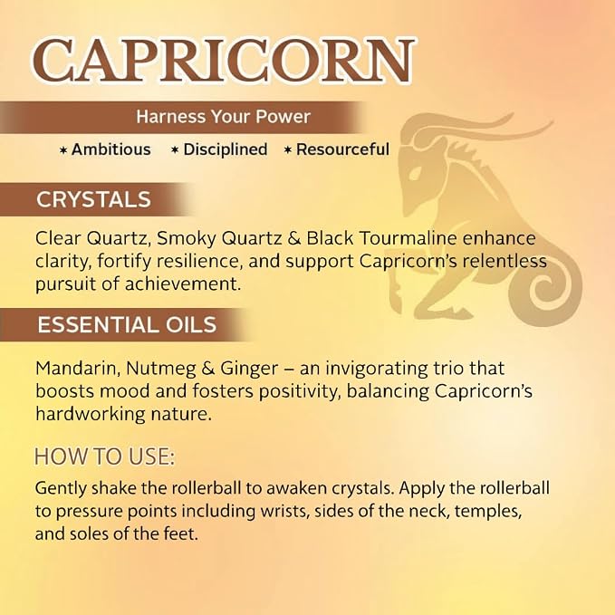 Capricorn Zodiac Crystal-Infused Essential Oil Rollerball, Aromatherapy Blend - Grounding & Motivation, Premium Astrology Sign Birthday Gift, Natural Therapeutic Roller, 10 mL