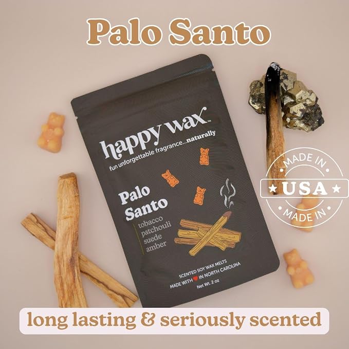 Happy Wax Palo Santo Scented Bear Wax Melts - Natural Strong Scented Woodsy Infused w/Essential Oils - Non Toxic & Pet Safe - (8 oz Pouch)