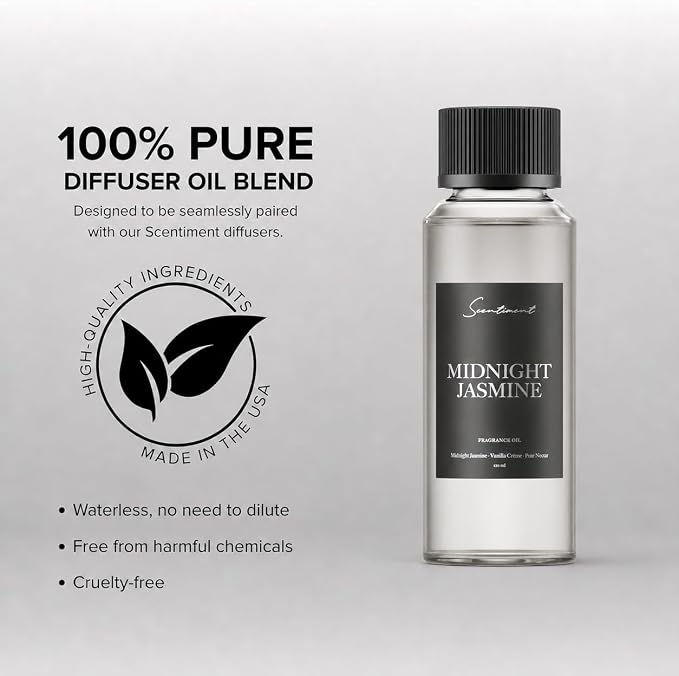 Scentiment Midnight Jasmine Diffuser Oil - Premium Hotel Scent with Notes of Jasmine, Vanilla Crème & Pear Nectar Home Scent, Hotel Fragrance Oil Diffuser Refill - 4.06 fl oz (120 mL)