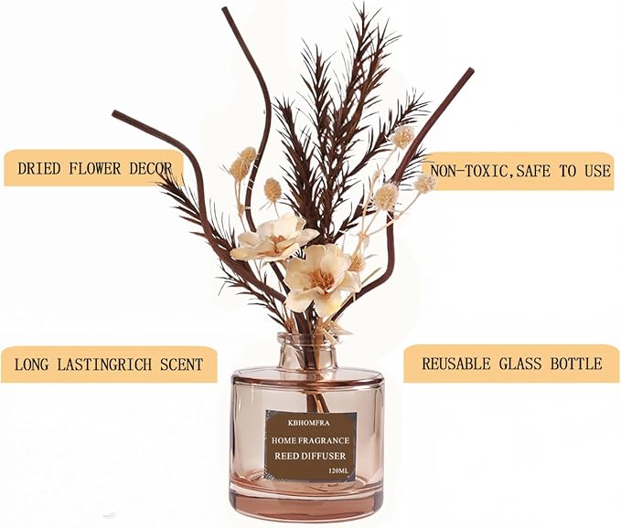 Reed Diffuser with Dried Flowers, Jasmine Cedar Sandalwood Scent, 4.06 fl oz, Glass, 120ml, Long Lasting Home Fragrance (Cedar)