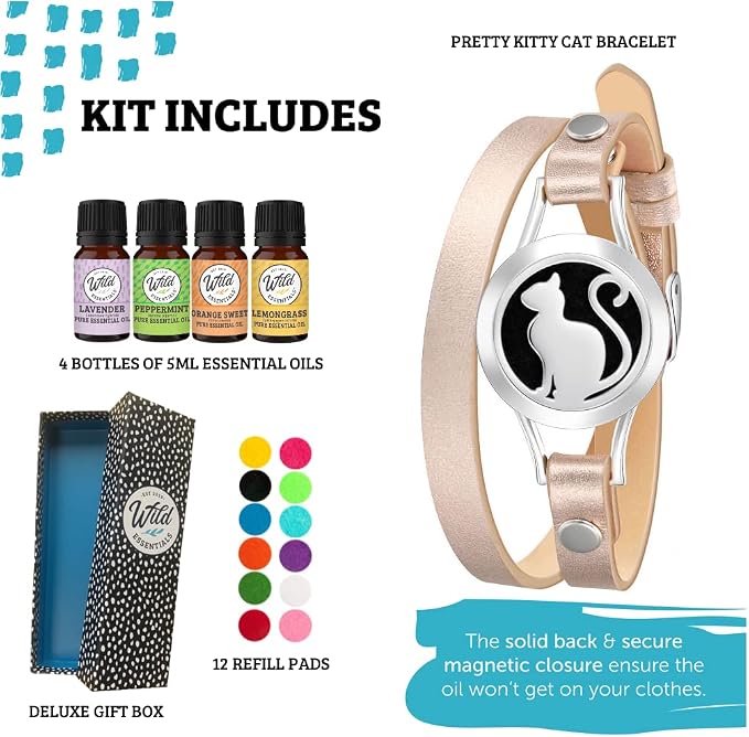 Wild Essentials Pretty Kitty Cat Essential Oil Leather Wrap Bracelet Diffuser, Gift Set, Lavender, Lemongrass, Peppermint, Orange Oils, 12 Pads, Customize Color Changing Perfume Jewelry, Aromatherapy