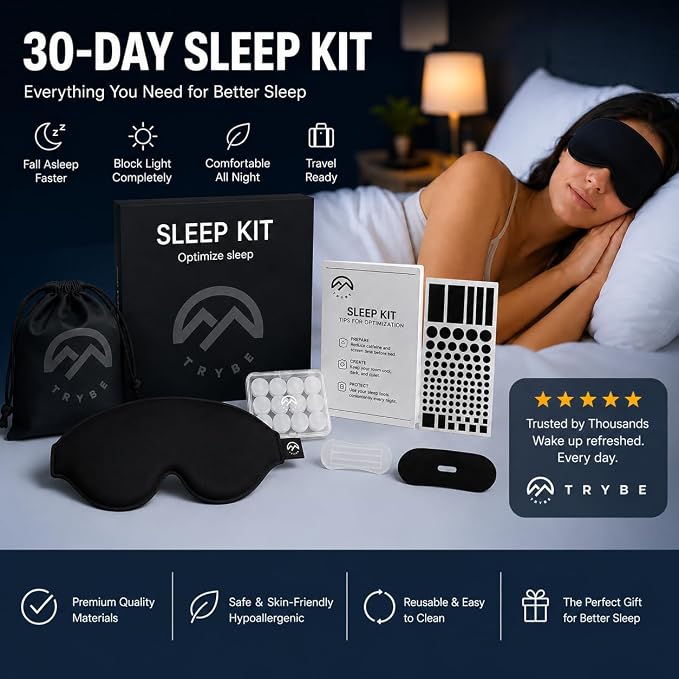 Trybe Sleep Kit, Sleep Mask, Ear Plugs, Nose Strips, and Light Covers for Travel. Sleep kit Bag and Breath and Sleep Guide for Travel, Hotels, Camping or Home (Sleep Kit) (Sleep Kit)