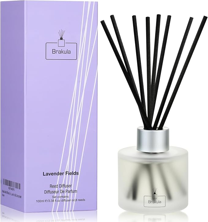 Brakula Reed Diffuser Set - Lavender Scented Essential Oil Includes 8 Sticks, Bathroom Bedroom Home Office Decor, 3.4 oz/100 ml