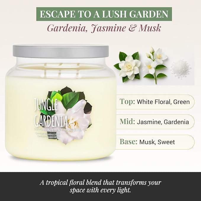 Scentsational Jungle Gardenia Candle – Large 19 Oz Jar Candle with Natural Soy Blend – Gardenia Scented Candles for Indoor or Outdoor Use – Non-Toxic Decorative Candles for Relaxation & Gifting