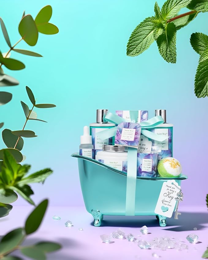 Bath and Body Basket Set EUCALYPTUS & Mint Spa Gift Basket for Women, Unique Bath Gift Baskets Gifts, Home Spa Kit Christmas Gifts for Women, birthday gift baskets for Dad Mother's Day