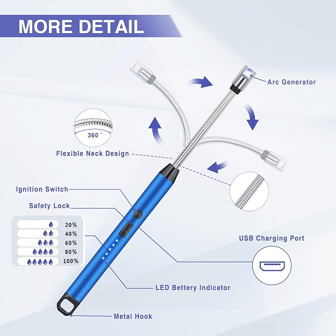 2 PCS Candle Lighter, Electric Lighter Arc Windproof Flameless with 360° Flexible Neck & LED Power Display, Lighters for Candle for BBQ, Grill, Camping, Fireplace, Stove(Blue)