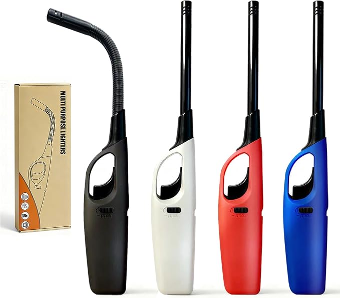 Butane Candle Lighters, 4 Pack Long Lighters for Candle, Multiple-Purpose Refillable Lighter Pack for Camping Fireplace Party BBQ Grill Candle Lighter（Fuel Included）