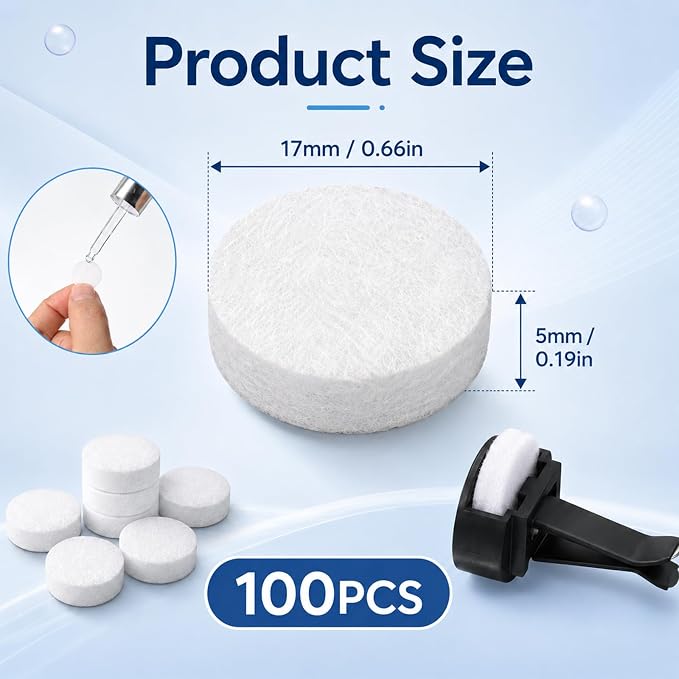 100Pcs Car Air Freshener Refill Felt Pads, 17 mm Unscented Essential Oil Perfumes Refill Pads for Car Air Freshener Clips Universal Essential Oil Diffuser Pad for Custom Fragrance