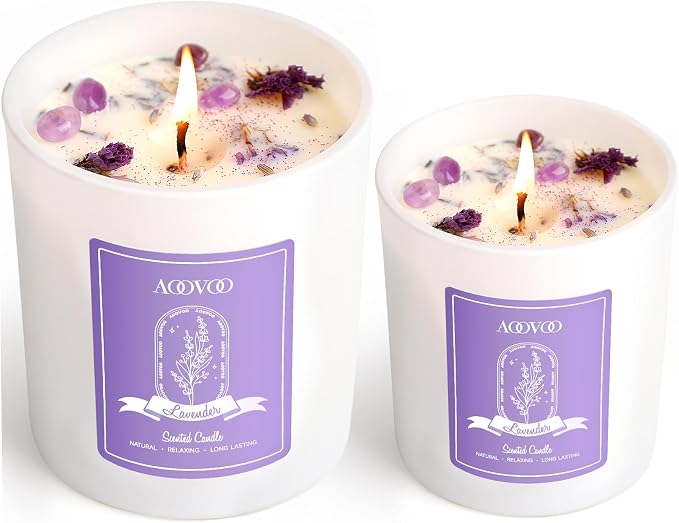 AOOVOO Lavender Scented Candle Set 2 Pack, Infused with Energy Crystals, The Scent Blends with The Energy to Create a Relaxing Atmosphere