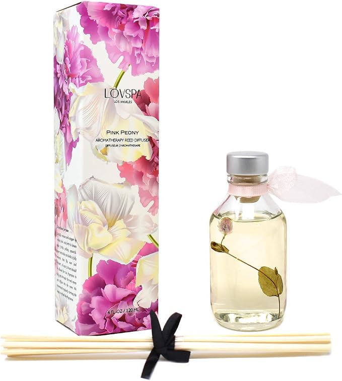 Pink Peony Reed Diffuser Set, Shelf Decor, Home Fragrance, Spa Scent | Peony, magnolia, and champagne profile, guest bath, decorative glass bottle, powder room, entryway, living room, office shelf