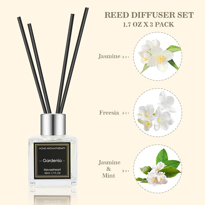 Reed Diffuser Set, Gardenia/Freesia/Jasmine & Mint Reed Diffuser Gifts for Women,1.7OZ x 3Packs Reed Diffuser with Sticks, Home Fragrance Reed Diffuser for Home Shelf Decor