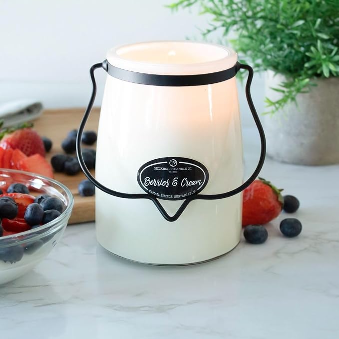 Milkhouse Candle Company Berries & Cream Soy Candle - Raspberry | Blueberry | Sugarcane Scented - 22 oz Butter Jar with Lid, 120+ Hour Burn Time, Made in the USA