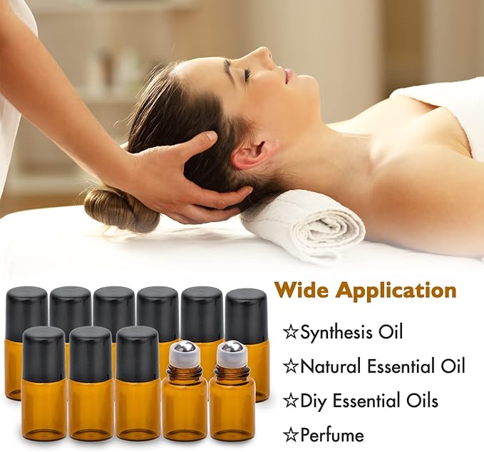 2ML Essential Oil Roller Bottles, 24 Pack Amber roller bottles for oils, Mini Glass Roll on Bottles with Stainless Steel Roller Balls&2 Droppers