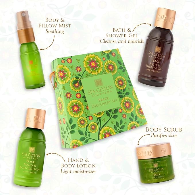 Spa Ceylon Ayurveda Peace Discovery Set - 4-Piece Natural Bath & Body Gift Set with Lavender, Lemongrass & Peppermint - Shower Gel, Body Lotion, Pillow Mist & Body Scrub