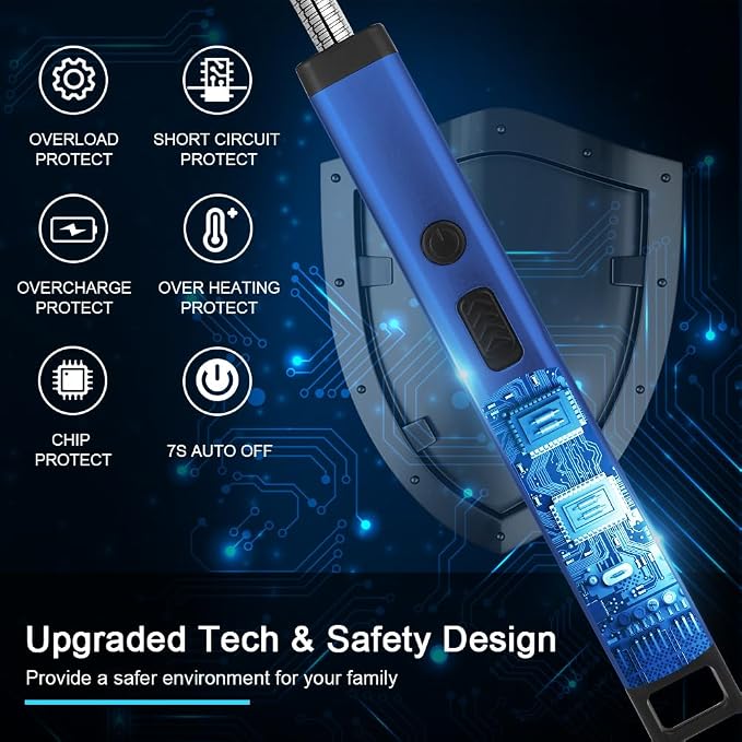 SUPRUS Rechargeable Candle Lighter Electric Arc Triple Safety Long Lighter Stainless Steel Shell & Hanging Hook (Blue)