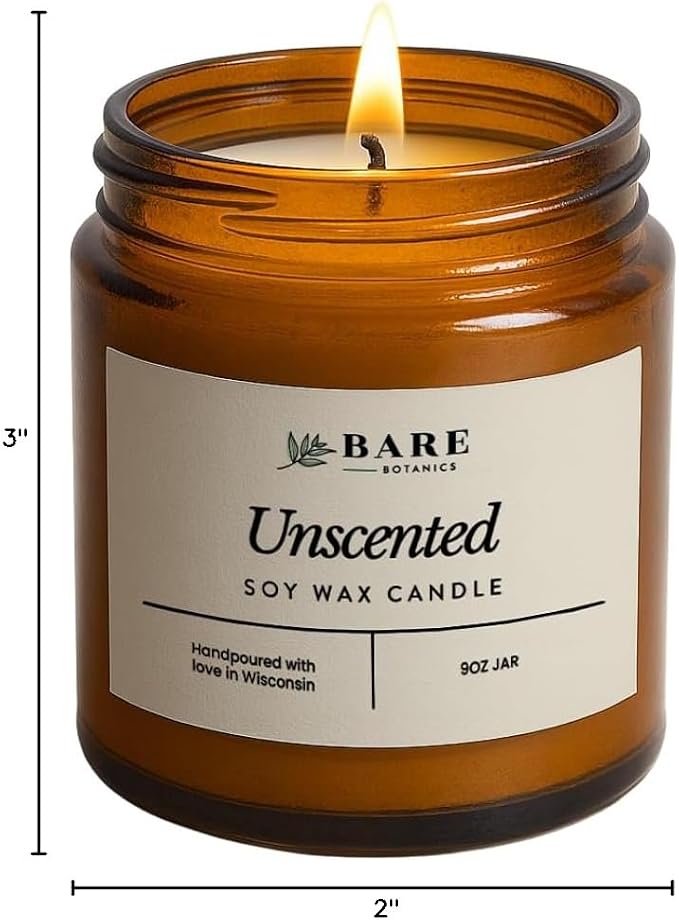 Bare Botanics Non-Toxic Unscented 9oz Soy Candle - 100% Plant-Based Fragrance Oils - Handpoured in WI - 40+ Hrs
