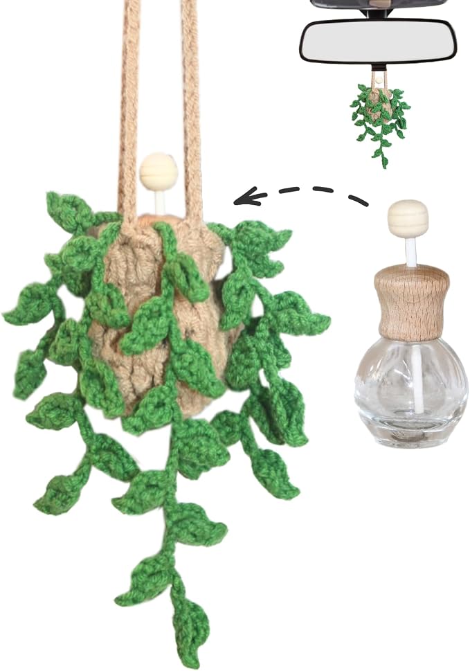 ROFIGL Handmade Crochet Hanging Car Air Freshener,12ml Empty Refillable Oil Diffuser Bottle with Crochet Hanging succulents Plant for Car Rearview Mirror for Home, and Office Hanging Diffuser Decor