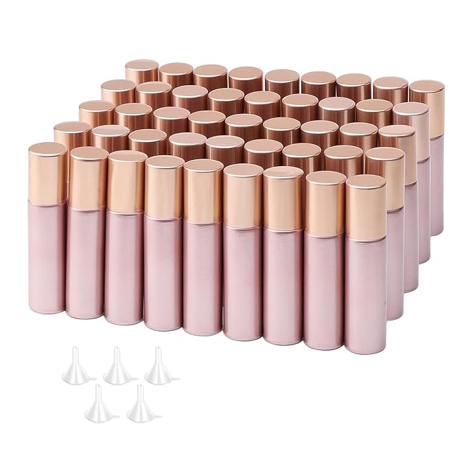 45Pcs 10ml Glass Roller Bottles for Essential Oils, Empty Roll on Vials Massage Containers with Stainless Steel Roller Ball for Perfumes Aromatherapy Lip Balms, Matte Rose Gold