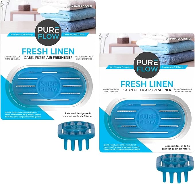 PUREFLOW Cabin Filter Air Freshener with Odor Eliminator - Fits on Most Car, Truck, and SUV Cabin Air Filters - Fresh Linen (2-Pack)