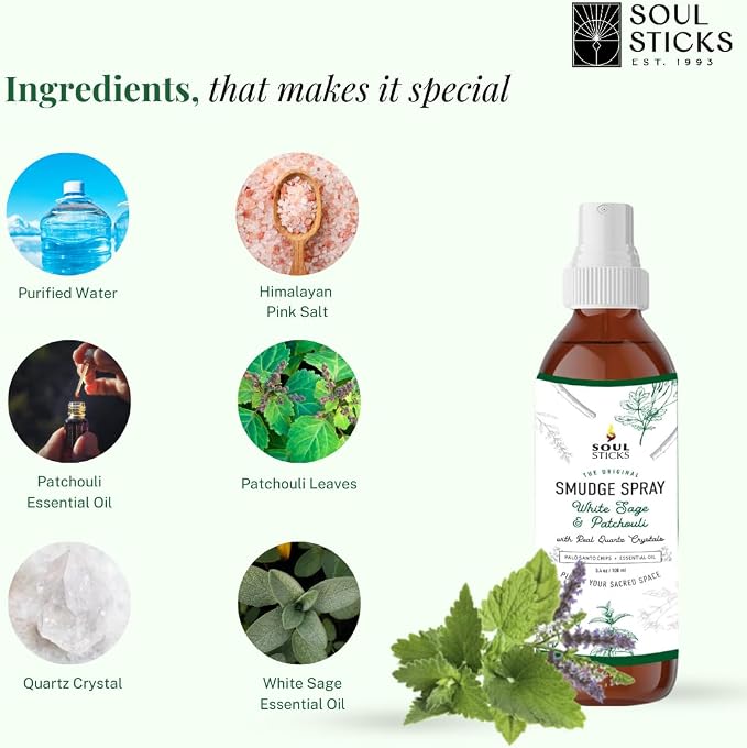SOUL STICKS White Sage & Patchouli Smudge Spray For Cleansing and Negative Energy | 3.5oz White Sage Smudge Spray with Real Quartz Crystals | Car Fragrance Sage Room Spray for Spiritual Cleansing