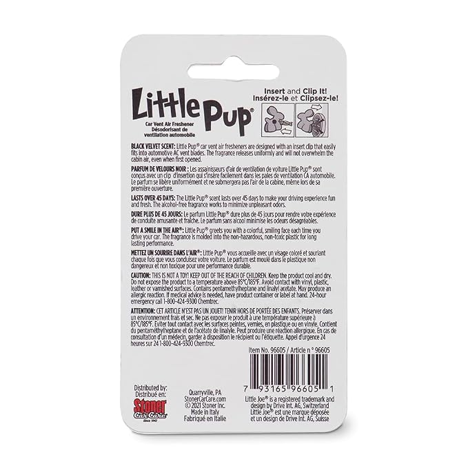 Little Pup 96605 Black Velvet Scent, Car Air Freshener, Clips to A/C Air Vent, Alcohol-Free Fragrance Oil, Non-Hazardous and Non-Toxic Plastic, Set of 1