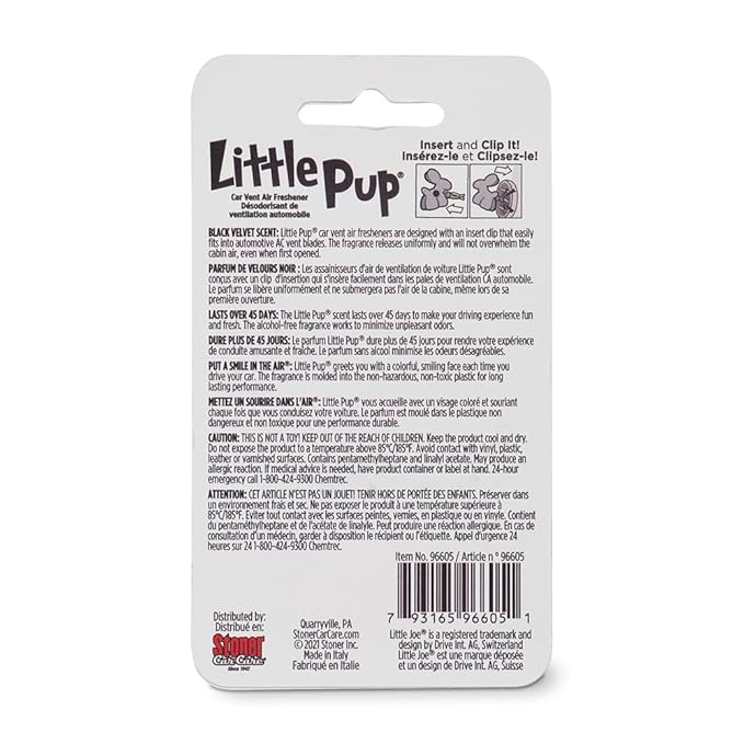 Little Pup 96605 Black Velvet Scent, Car Air Freshener, Clips to A/C Air Vent, Alcohol-Free Fragrance Oil, Non-Hazardous and Non-Toxic Plastic, Set of 1 (Pack of 2)