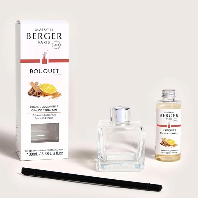 MAISON BERGER Reed Diffuser Bouquet, 100 ml, Orange Cinnamon | Clear Glass Bottle, 8 Reed Sticks, 100 ml Refill, Up to 6-Week Passive Diffusion, No Flame, Made in France