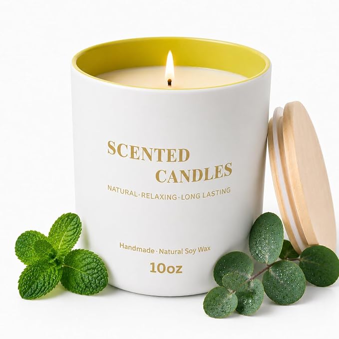 Lanttu Eucalyptus & Mint Scented Candle, 10 oz Natural Soy Wax | 40 Hours Long Lasting Burning, For Home Decor, Jar Candles, Gift for Women Mom Friend Birthday Housewarming