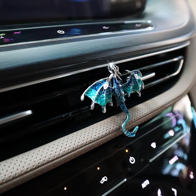 ORIESSE Bling Wyvern Car Air Freshener Vent Clips,2pcs Alloy Blue Enamel Dragon Vent Clips Car Accessories,Refillable Car Diffuser with Felt Mads,Coffee Fragrance Tablets
