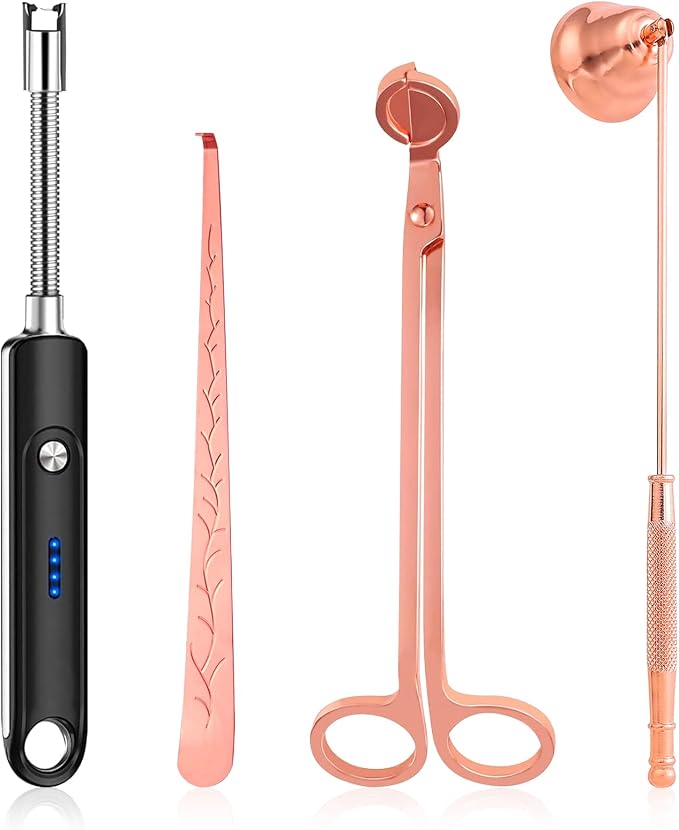 4 in 1 Candle Accessory Set - Wick Cutter, Snuffer, Dipper & Electric Lighter - Gifts for Candle Lovers (Champagne)