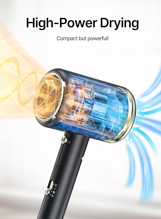 Hair Dryer with Diffuser, 150000 RPM Ionic Blow Dryer, Foldable Travel Hair Dryer with Nozzle, Lightweight Low Noise Fast Drying Hairdryer for Women Men, Portable Mini Hair Dryer, Black