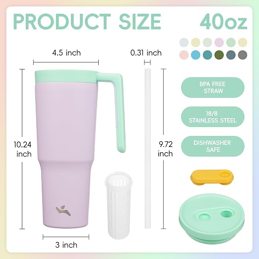 Konokyo 12 Pack 40 Oz Tumblers with Handle and Straw, Bulk Vacuum Insulated Stainless Steel Travel Mugs with Lids for Office, Events and Group Orders Purple