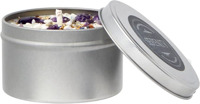 Lavender Chamomile Candle by New Moon Beginnings - Calming Energy Candle - Crystal Candle & Herb Candle - Aromatherapy Candle - Essential Oil Candle (8 Ounce Round Tin)