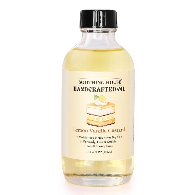 Lemon Vanilla Custard Oil with All-Natural Moisturizing Body Oil for Soft, Glowing Skin with Almond & Jojoba Oil (4 fl oz)