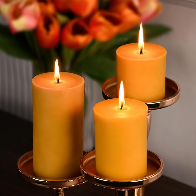 DEYBBY 3x4 inch Natural Beeswax Pillar Candle for Women, Smokeless Dripless Pure Organic Beeswax Candle with Natural Scent for Blackout Home Decoration Bath Relaxation（Yellow）
