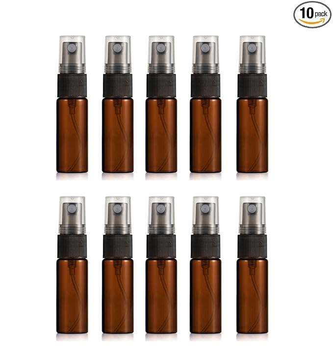 Elfenstall- 10pcs Amber 5ml 1/6oz Atomizer Vial Glass bottle Spray Refillable Perfume Empty Fine Mist Sample Bottle Clean Cloth Free 3ML Pipette for Travel Party
