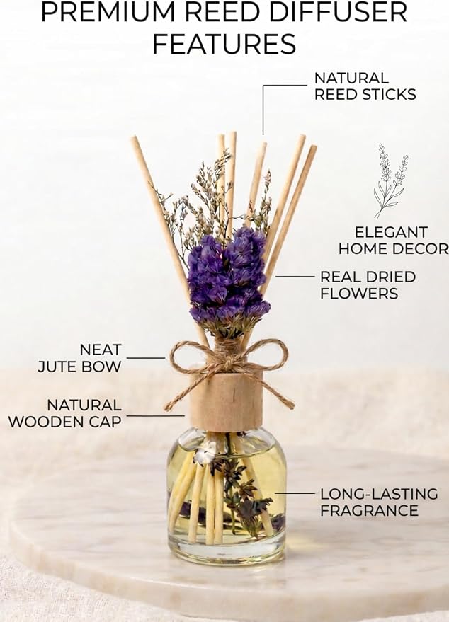 Lavender Reed Diffuser with Real Dried Flowers - 100ml (3.4oz) Home Fragrance Room Freshener - 6 Natural Sticks for Adjustable Scent - Long Lasting Aroma - Minimalist Decor Gift for Home & Office