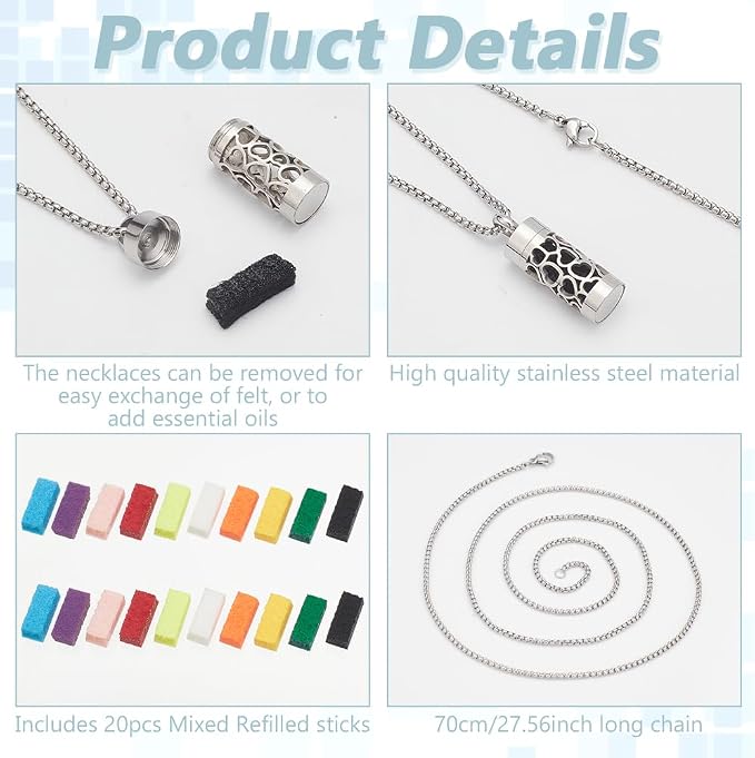 WEBEEDY 2 Styles Essential Oil Diffuser Necklaces with 20 Refill Pads for Women Men, Stainless Steel Aromatherapy Pendant Necklaces Jewelry Gift for Christmas Valentine's Day Mother's Day Birthday