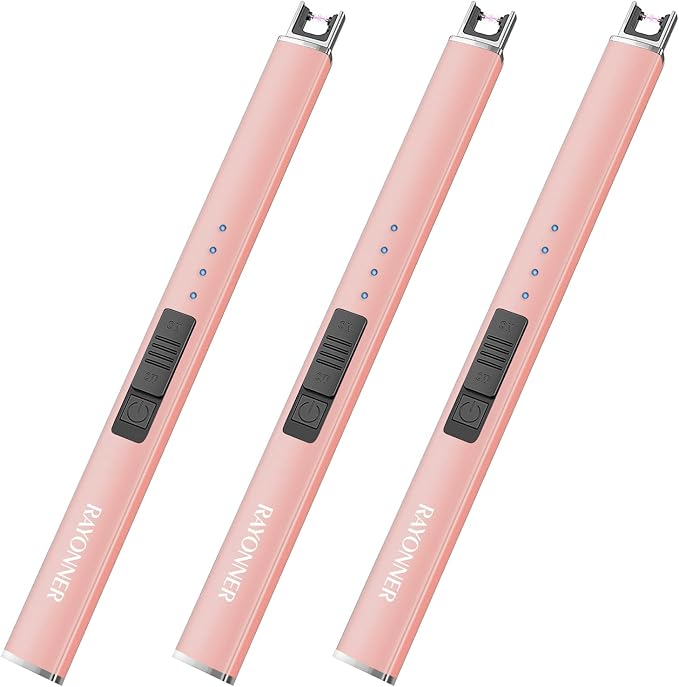 RAYONNER Electric Candle Lighter - USB Rechargeable, Flameless Plasma, Windproof, Pocket Size for Candle, Cooking, BBQ, Firework (Rose Gold, 3 Pack)