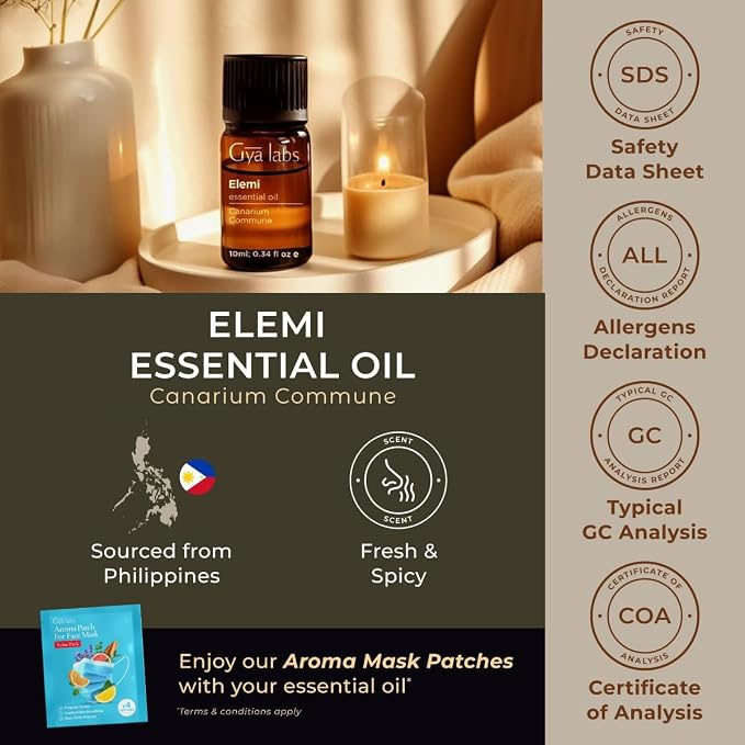 100% Pure Elemi Essential Oil - 0.34 Fl Oz - Elemi Oil for Hair, Skin, Diffuser, Aromatherapy & DIY Candle Making Scent